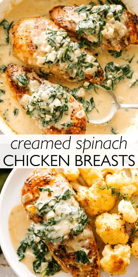 Perfectly seared chicken breasts smothered with a wonderfully rich and creamy spinach sauce. This easy chicken recipe is a fantastic low-carb, Keto-friendly dinner, and it comes together super fast! Creamed Spinach Chicken, Diethood Recipes, Chicken Spinach Recipes, Creamy Spinach Chicken, Spinach Cream Sauce, Creamy Spinach Sauce, Pan Fried Chicken Breast, Chicken With Spinach, Spinach Sauce