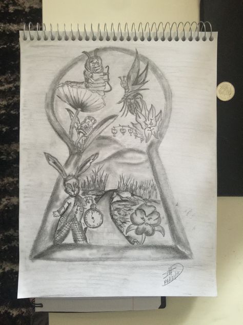 Alice In Wonderland Keyhole, Keyhole Drawing, Keyhole Tattoo, Wonderland Drawing, Drawings Of Flowers, Alice In Wonderland Drawings, Pencil Drawings Of Flowers, Wonderland Tattoo, Sketches Art