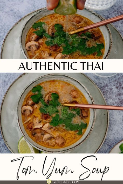 Two bowls of Thai Tom Yum soup Easy Tom Yum Soup Recipe, Easy Tom Yum Soup, Thai Soup Vegetarian, Vegan Tom Yum Soup, Vegan Tom Yum, Thai Hot And Sour Soup, Tom Yum Noodle Soup, Tom Yum Soup Recipe, Thai Tom Yum Soup