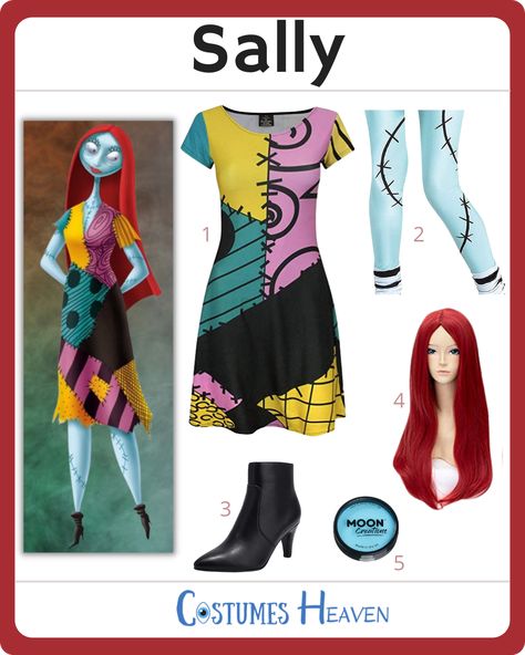 Follow our guide to piece together your own Sally costume from The Nightmare Before Christmas. This outfit is sure to make you stand out at any COSPLAY or Halloween event. #sallycostume #sally #cosplay #halloweencostume #costumesheaven Diy Sally Costume Women, Sally Cosplay, Sally Makeup, Blue Face Paint, Vibrant Red Hair, Sally Costume, Costume Guide, Long Straight Wig, Love Interest