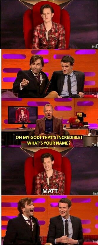 Doctor Who Funny, Graham Norton Show, Graham Norton, 11th Doctor, Wibbly Wobbly Timey Wimey Stuff, Torchwood, Virginia Woolf, Matt Smith, Time Lords