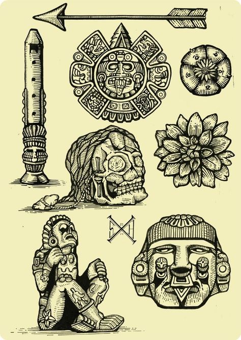 Core Tattoo, Mexico Tattoo, Aztec Artwork, Aztec Symbols, Mayan Tattoos, Aztec Tattoos, Mexican Tattoo, Mexican Art Tattoos, Aztec Tattoo Designs