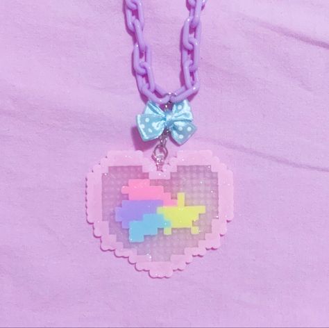 Pastel Perler Bead Patterns, Perler Bead Kawaii, Kawaii Perler, Kawaii Perler Beads, Cutecore Perler Bead, Kawaii Perler Bead Patterns, Yami Kawaii Perler Beads, Kandi Perler Necklace, Handmade Fairy Kei Jewelry For Party