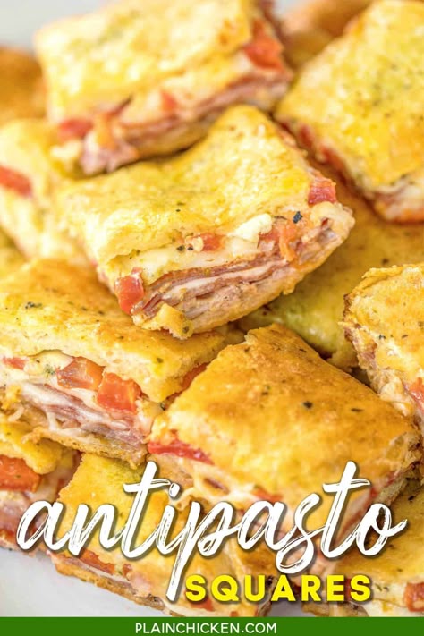 Antipasto Squares recipe - SO GOOD!! Crescent rolls stuffed with ham, salami, pepperoni, provolone, swiss, and roasted red peppers. then topped with a parmesan cheese, egg and pesto mixture and baked. These things are ridiculously good!!! There are never any leftovers when I take these to party! #appetizer #partyfood #crescentrolls Antipasto Squares, Football Friday, Crescent Recipes, Square Recipes, Plain Chicken, Crescent Roll Recipes, Appetizers Easy Finger Food, Best Appetizer Recipes, Crescent Roll