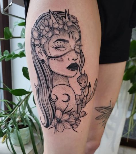 Scorpio Woman Tattoo, Tattoo Ideas Virgo, Virgo Inspired Tattoo, Virgo Tarot Card, Tarot Card Tattoos, Card Tattoos, Tattoo Under Breast, Virgo Tattoo Designs, Coverup Tattoo