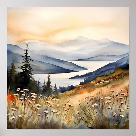 Mountain Landscape Watercolor Painting Art Print. Watercolor Land Scape, Mountain Sunset Watercolor, Watercolor Art Mountains, Creativity Boosters, Watercolour Scenery, Watercolor Samples, Watercolor Scenery Painting, Watercolour Painting Landscape, Watercolor Mountain Landscape