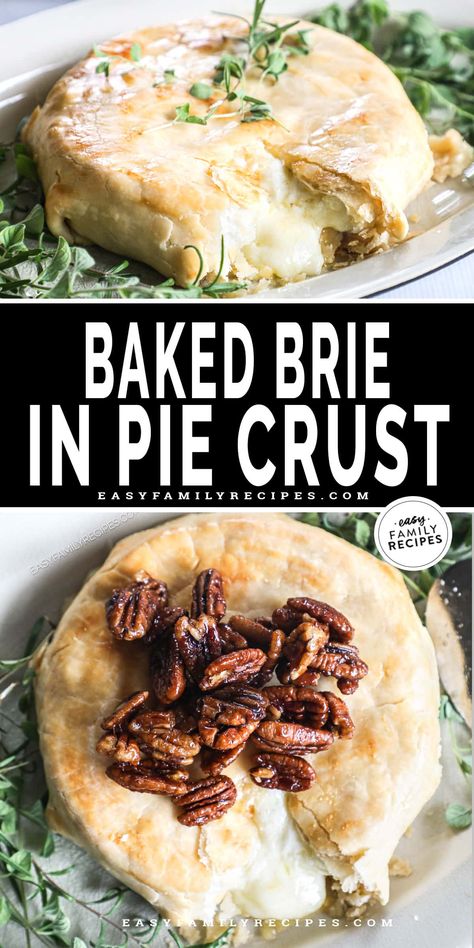 Ever wondered how to bake brie? This Baked Brie in Pie Crust is an appetizer like no other! This baked brie recipe is made with a whole wheel of melty brie cheese encased in a buttery, flaky, golden pie crust. This baked brie with pie crust is perfect for the holidays with crackers, baguette slices, fruit, veggies, or any baked brie toppings your heart desires! Bree Cheese Recipes, How To Bake Brie, Baked Brie Toppings, Pie Crust Appetizers, Brie Toppings, Bake Brie, Baked Brie Recipe, Pecan Baked Brie, Baguette Slices