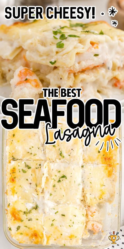 Seafood Lasagna Recipes With Clam Juice, Seafood Lasagna Recipe Best, Marry Me Seafood Lasagna, Seafood Lasagne Recipes, Seafood Ravioli Recipe, Seafood Main Dishes, Seafood Pasta Recipe, Crab Lasagna Recipes, Shrimp Scampi Lasagna