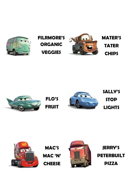 Disney Cars Birthday Party Ideas Printables Food Labels, Disney Pixar Cars Birthday Party Food, Disney Cars Food Labels, Cars Movie Food Ideas, Disney Cars Food Labels Free Printable, Cars Movie Themed Food, Disney Cars Birthday Food Ideas, Disney Cars Party Games, Cars Theme Party Food