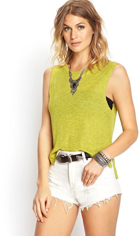 Pin for Later: For Forever 21's 30th Birthday, Let's Shop 30 AMAZING Pieces Forever 21 Muscle Tank Baggy Boyfriend Jeans, Green Tank, Muscle Tee, Muscle Tees, Muscle Tanks, 30th Birthday, Day Trip, Boyfriend Jeans, Round Neckline