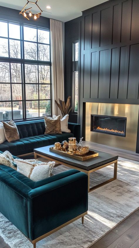 Transform your space with elegant modern apartment interior design ideas, perfect for small families! This sophisticated living room boasts a cozy fireplace, minimalistic furniture, and large windows for sunlight. A deep teal sofa and gold decor add flair to your neutral palette. 🍃✨#ElegantLiving #ModernHome #InteriorDesign #midjourney Modern Fancy Living Room, Apartment Interior Design Ideas, Minimalistic Furniture, Fancy Living Rooms, Modern Apartment Interior, Sophisticated Living Room, Teal Sofa, Minimalist Furniture, Cozy Fireplace