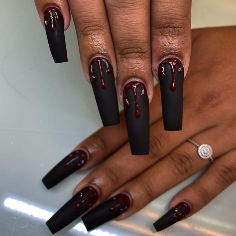 Blood Nails Design, Halloween Nails Blood Drip, Halloween Nails Blood, Blood Drip Nails, Red Matte Nails, Blood Nails, Black Halloween Nails, Cross Nails, Black Coffin Nails