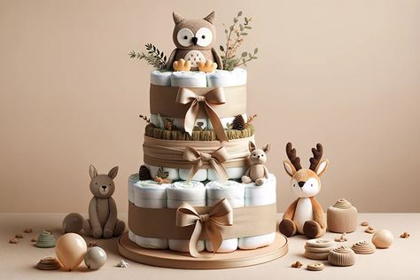 Diaper Cake Ideas, Baby Nappy Cakes, Diaper Cake Instructions, Woodland Creatures Baby Shower, Winter Baby Shower Themes, Diy Diaper Cake, Nappy Cake, Diaper Cake Boy, Nappy Cakes