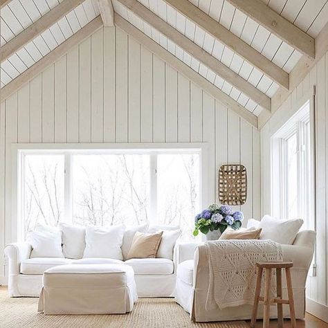 I dream of tall shiplap ceilings and beautiful beams! Shiplap Ceiling, Farmhouse Side Table, Coastal Living Rooms, Kitchens And Bedrooms, Family Room Design, White Furniture, Ship Lap Walls, A Living Room, Farmhouse Living