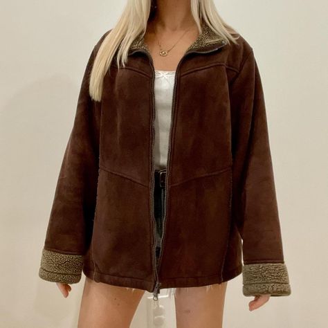 Vintage Faux Suede Sherpa Lined Zip Up Collared Coat... - Depop Retro Dark Academia, Suede Coat Women, Preppy Cardigan, Light Grunge, Academia Light, Barn Jacket, Boheme Chic, Vintage Cottagecore, Suede Coat