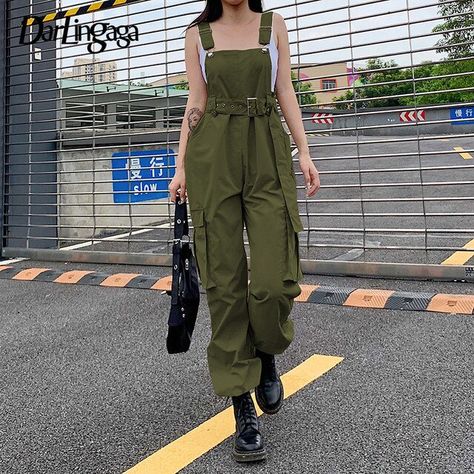 Darlingaga Streetwear Loose Cargo Jumpsuit Women Suspender Pockets Overalls Pants with Belt Fashion Solid Long Jumpsuits Autumn _ - AliExpress Mobile Cargo Pants Plus Size, Womens Cargo Pants, Sling Bow, Womens Cargo, Wide Leg Pants Casual, Trousers Plus Size, Suits Korean, Sleeveless Sweater Vest, Black Overalls