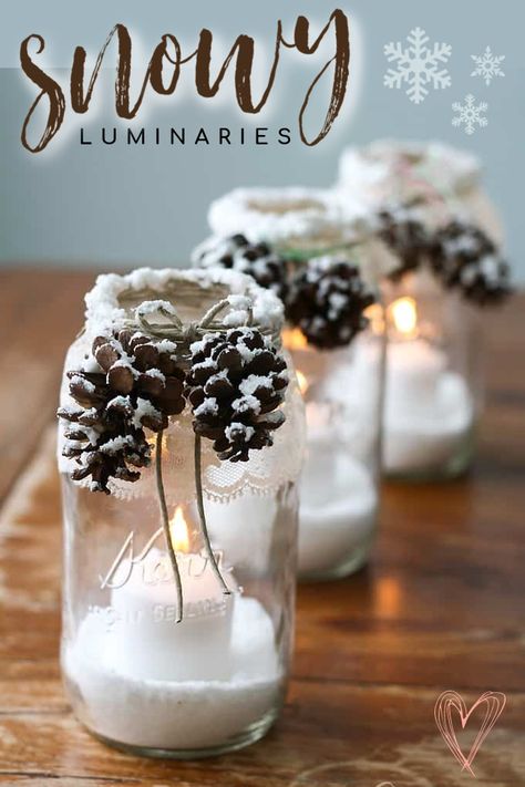 Make pretty winter luminaries that appear to be covered with freshly fallen snow! Oh so gorgeous and perfect for the holidays, they are very easy to make. #craftsbyamanda #luminaries Winter Luminaries, Homemade Christmas Table Decorations, Snowy Pinecone, Christmas Table Decorations Centerpiece, Mason Jar Christmas Crafts, Winter Wedding Centerpieces, Jingle Jangle, Pine Cone Candles, Cheap Christmas Gifts