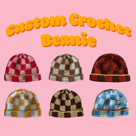 Crochet Checkered Beanie Pattern, Crochet Hat Checkered, Crochet Checkered Beanie, Checkered Beanie, Checkered Crochet, Crochet Checkered, Crochet Granny Stitch, Granny Stitch, Handmade Beanies