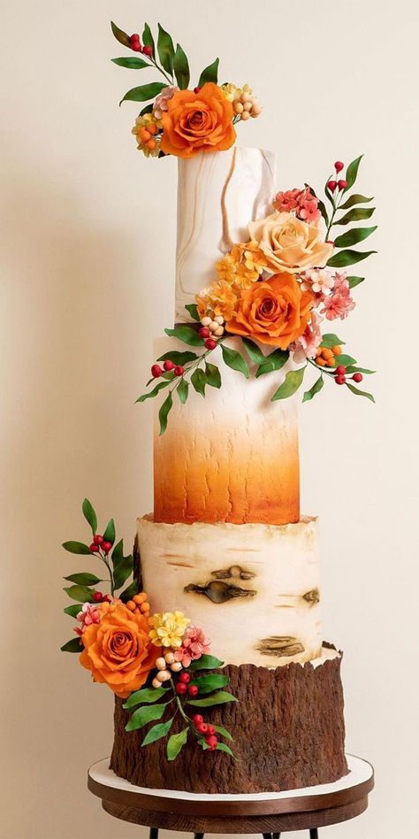 Wood Slice Wedding Cake, Tree Stump Wedding Cake, Woodland Theme Wedding Cake Rustic Autumn Wedding Cake, September Wedding Cake, Sunset Wedding Cake, Stump Wedding Cake, Sunset Cake, Orange Cakes, Forest Wonderland, Wood Wedding Cakes, Wedding Cake Tree