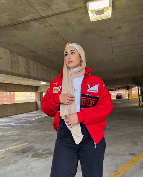 @aliadeebb ; ig Ferrari Jacket Outfit, Racing Jacket Outfit, Hijab Art, Vintage Racing Jacket, Ferrari Jacket, Jacket Outfit Women, Modest Clothes, Racing Jackets, Hijabi Style