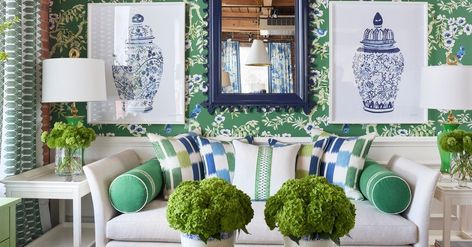 Thibaut on Instagram: “Grass is greener in our High Point showroom dressed in the Eden collection💚 Room details in our bio #thibaut#hpmkt” Chinoiserie Interior Design, Chinoiserie Interior, Blue And Green Living Room, Color Duos, Construction Wallpaper, Upholstered Chairs Fabric, Beauty Of Friendship, Modern Chinoiserie, Collection Room