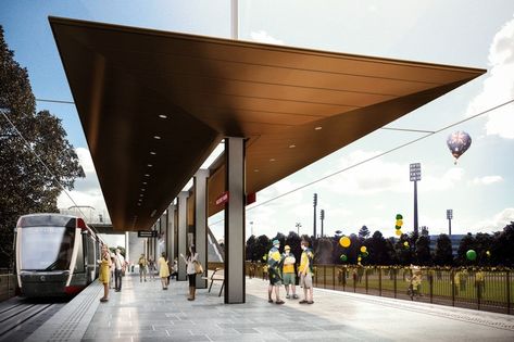 Grimshaw Architects has created a prototype for 19 Sydney light rail stops slated for the CBD and the south-east. Bus Stop Design, Light Rail Station, Train Station Architecture, Architecture Design Process, Canopy Architecture, Covered Walkway, Contemporary House Exterior, Facade Lighting, Canopy Design