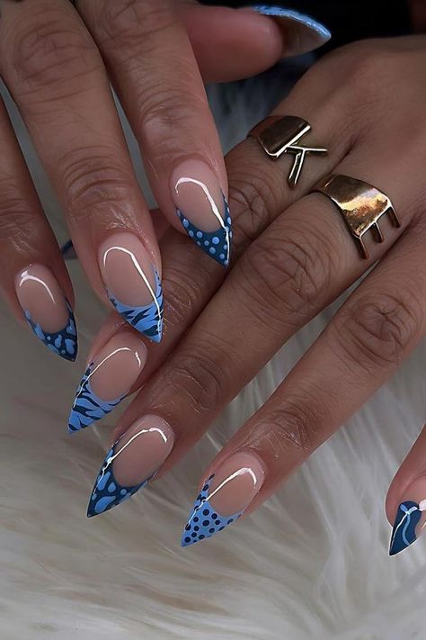 45 Striking Stiletto Nails for a Chic & Fashionable Manicure Nails Theme Ideas, Nail Ideas Stiletto Short, Different Blue Nails, New Nails Design 2024, Nails French Ideas, Cute French Tip Nails Designs, Blue Stiletto Nails Design, Blue Almond Nails Design, Mommy And Me Nails