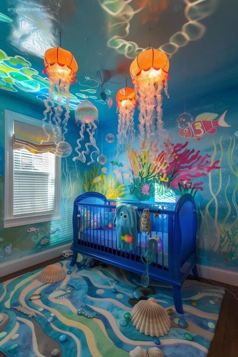 Spongebob Nursery Ideas, Unique Baby Room Themes, Baby Boy Ocean Theme Nursery, Ocean Themed Room Decor, Finding Nemo Nursery Theme, Sea Theme Bedroom, Underwater Nursery Theme, Nursery Ideas Colorful, Baby Room Colorful