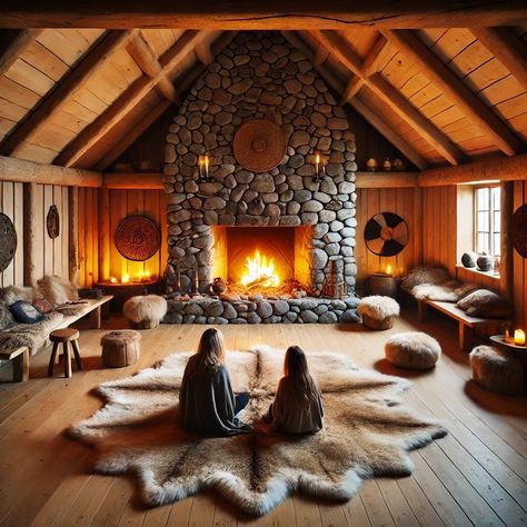 Viking Living Room, Viking Interior Design, Viking House Interiors, Viking Longhouse, Cordwood Homes, Viking House, Ski Condo, Viking Style, Fantasy Landscape