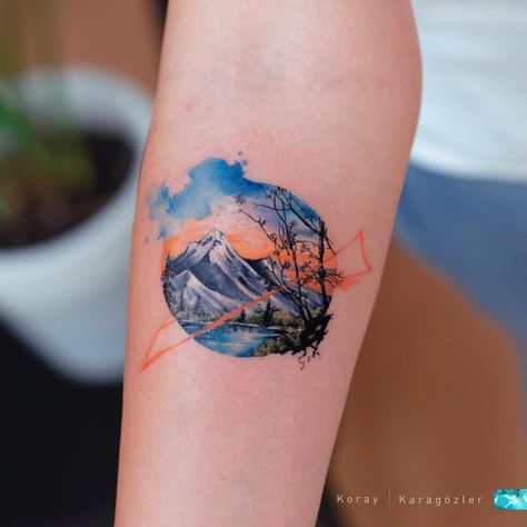 Mountain Tattoos For Women, Small Nature Tattoo, Waterfall Tattoo, Mountain Tattoos, Circular Tattoo, Nature Tattoo Sleeve, Magical Jungle, Circle Tattoos, Geometric Nature