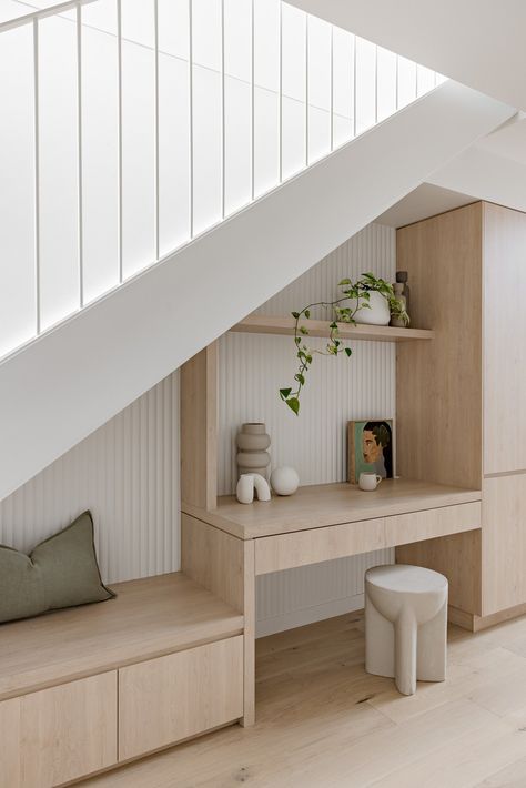 Orton Haus 2.2 — Orton Haus Desk Under Stairs, Office Under Stairs, Under Stairs Nook, Room Under Stairs, Stair Nook, Coastal Calm, Open Trap, Staircase Storage, Under The Stairs