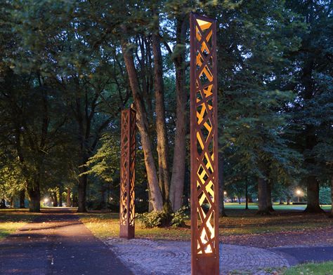 Open Pillar corten steel lighting column | Streetlife | ESI External Works Path Lighting, Led Landscape Lighting, Outdoor Path, Street Lighting, Outdoor Path Lighting, Facade Lighting, Steel Lighting, Lighting Concepts, Metal Sculptures