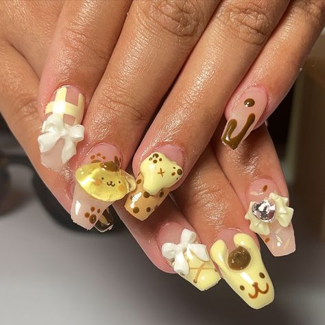 gel x + complex art | pompompurin ! 💛🍨 #gelx #gelnails #gelextensions #gelnailart #nailart #nails #sydneynails #sydneynailtech #sydneynailart #westernsydneynails #beginnernailtech #auranails #nailsnailsnails #frenchtips #sanrio #sanrionails #hellokitty #hellokittynails #mymelody #mymelodynails #kuromi #kurominails #cinnamoroll #cinnamorollnails #pompompurin #pompompurinnails #animenails Pompompurin Clay Ring, Pompompurin Shoes, Pompompurin Nail Art, Sanrio Nails Pompompurin, Pompompurin Nails, Cinnamoroll Nails, My Melody Nails, Sanrio Pom Pom Purin, Kuromi Nails