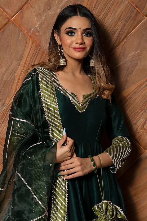 Dark Green Cotton Silk Anarkali Set Design by Pomcha Jaipur at Pernia's Pop Up Shop 2023 Dark Green Anarkali, Pomcha Jaipur, Long Kurti Patterns, Sheer Dupatta, Green Anarkali, Silk Anarkali Suits, Silk Anarkali, Anarkali Dress Pattern, Potli Bag