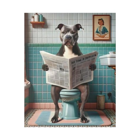 American Pitbull Canvas Print Retro Décor Dog Home Wall Art Toilet Humor Funny Bathroom - Etsy Minimalisticky Chic, Toilet Funny, Newspaper Canvas, Reading Newspaper, Hal Decor, Bulldog Art, Fabric Poster, Gift Poster, Minimalist Art Print