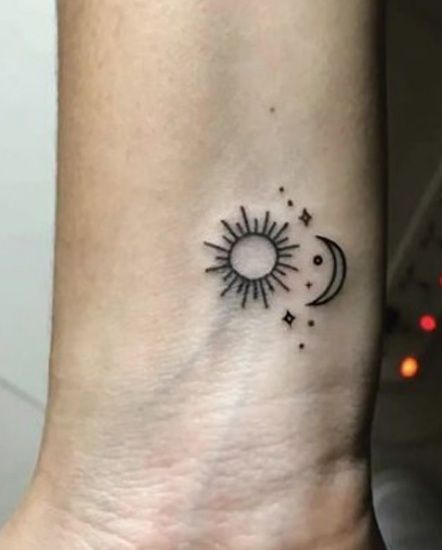 Elegant Sun And Moon Tattoo, Sun And Moon Micro Tattoo, Sun And Moon With Stars Tattoo, Mother Daughter Tattoos Sun Moon Stars, Mother Daughter Tattoos Moon And Sun, Sun Moon And Stars Tattoo Small Ankle, Sun Moon Stars Mother Daughter Tattoo, Sun Moon And Stars Finger Tattoo, Sun Moon Stars Tattoo Ideas