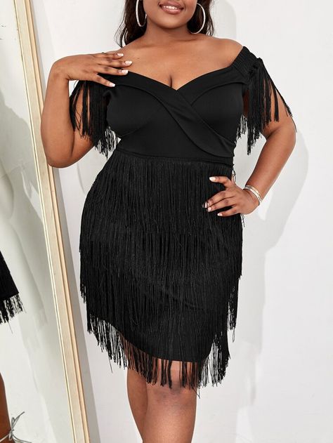 [goods_name] | SHEIN USA Plus Size Night Out Outfit, Gatsby Dress, Black Party Dresses, Plus Size Vintage, Fringe Dress, Night Out Outfit, Bodycon Dress Parties, Fringe Trim, Inspired Dress