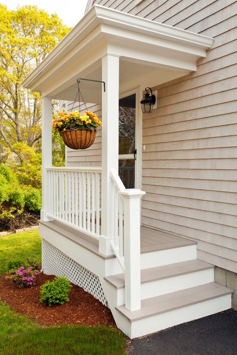 Home Contractors Cape Cod - Whole House Remodel – West Dennis - Patriot Builders Side Porch Ideas, House Porch Design, Front Porch Remodel, Cottage House Exterior, Veranda Design, Pink Morning, Front Porch Steps, Porch Stairs, Porch Remodel