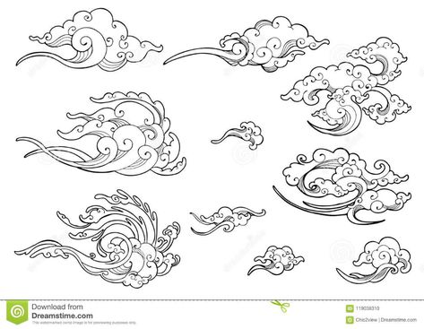 Tiger Ornament, Japanese Cloud Tattoo, Ornament Doodle, Cloud Tattoo Design, Wind Drawing, Motifs Art Nouveau, Chinese Tattoo, Cloud Tattoo, Muster Tattoos