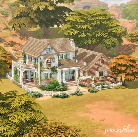 Sims 3 House Design, Sims 4 Cottage Farmhouse, Sims 4 House Plans Layout Cottage, Sims 4 Cottage Mansion, Sims 4 Family Farmhouse, Country Home Sims 4, Sims 4 House Cottage, Sims 4 English Cottage, Sims 4 Front Yard