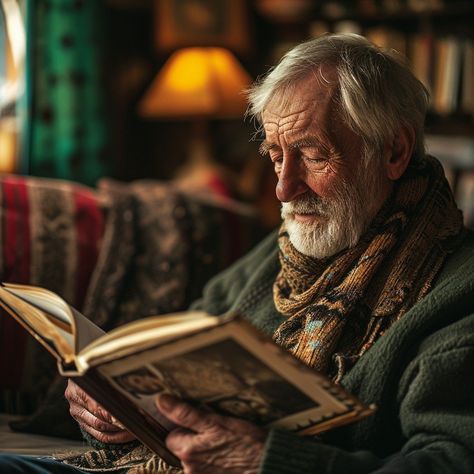 Elderly Man Reading: An elderly man engrossed in a book, enjoying a quiet moment in a cozy room. #elderly #reading #man #book #cozy #lamp #reflection #room #aiart #aiphoto #stockcake https://ayr.app/l/qJmf Someone Holding A Book, Man With Book, House Manderly Aesthetic, Man Reading, Reading A Book, Old Man Storr, Man Reading Book, Old Man Aesthetic, Man Reading In Library