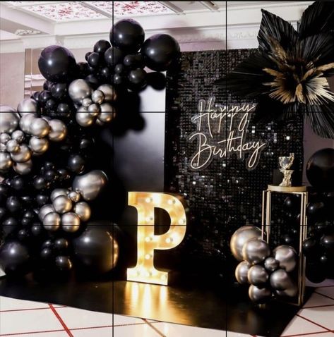 All Black Party Backdrop, Gala Decorations Centerpieces, Elegant Male Birthday Party Ideas, Black Elegant Party Theme, Men’s 45th Birthday Party Ideas, All Black Backdrop, Black Tie Event Decorations Party Ideas, Birthday Party Ideas For Adults Decor, Black And Silver Event Decor