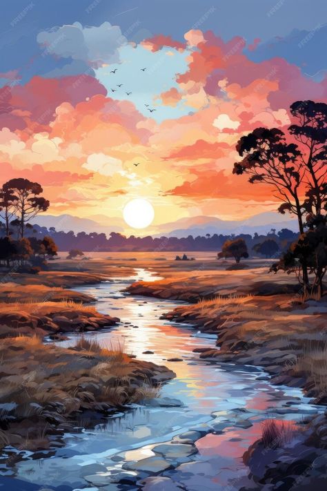 Premium Photo | A Painting of a Sunset Over a River Generative AI Dusk Bedroom, Dusk Pictures, Dusk Watercolor, River Drawing, Impressionist Watercolor, Natural Scenes, Watercolor Sunset, Cool Wallpapers Art, Poster Invitation