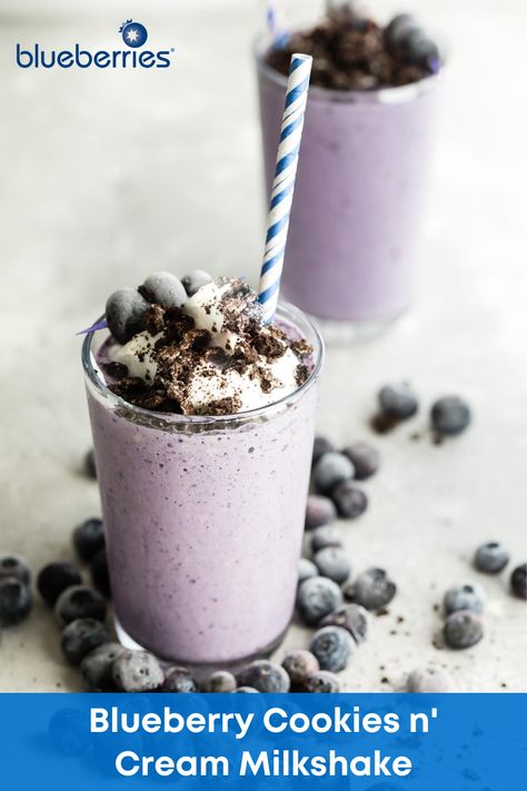 Just when you thought something as timeless as a cookies n’ cream milkshake couldn’t get any better, we added a bunch of blueberries and BOOM…instant upgrade. Cookies And Cream Milkshake, Cookie Milkshake, Highbush Blueberry, Blueberry Chocolate, Blueberry Cookies, Snacks For Kids, Life Is Sweet, Chocolate Sandwich, Chocolate Sandwich Cookies