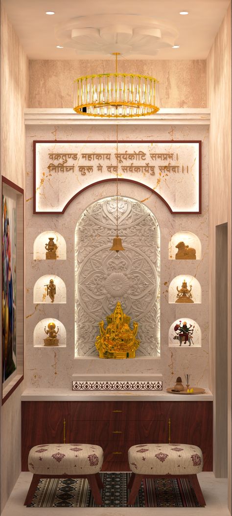 Indoor Mandir Design, Low Height Mandir Design, Mandir In Office, Unique Mandir Design For Home, Puja Room Ceiling Design, Mandir Ideas For Home, Luxury Mandir Design, Modern Pooja Room Design, Puja Unit Design