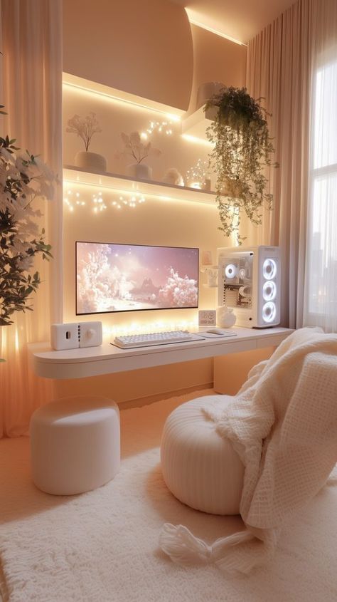 Bedroom Setup Aesthetic, Teen Room Inspo Aesthetic Cozy, Cozy Gamer Room Aesthetic, Pink And White Gaming Setup Aesthetic, Bedroom With Gaming Setup, Gaming Living Room Ideas, Desk Ideas For Bedrooms, Girl Cave Ideas, Bedroom Desk Ideas Aesthetic