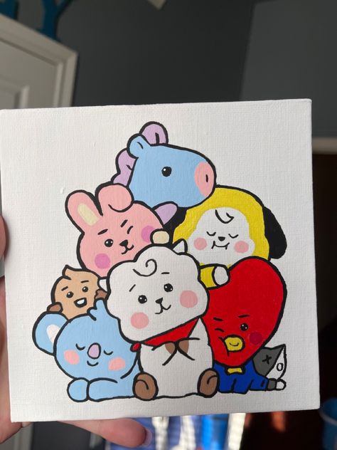 A cute 6x6 painting if the BT21 gang! Paintings Inspo Easy, Bts Cute Drawings, K Pop Canvas Painting, Bts Related Drawings, 6x6 Canvas Paintings, Bt21 Drawing Easy, Bt21 Painting, Bt21 Painting Ideas, Bt 21 Painting