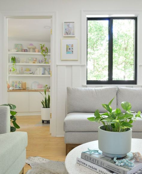 Sw Pure White Walls, Pure White Walls, Sw Pure White, Ikea Besta Cabinet, Ikea Lack Shelves, Ikea Floating Shelves, Floating Shelves Bedroom, Low Light Indoor Plants, Built In Cabinet