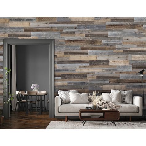 Barnwood Plank Wall, Shack Living, Barnwood Accent Wall, Unfinished Wall, Flooring On Walls, Faux Brick Wall Panels, Brick Wall Paneling, Shiplap Boards, Wood Plank Walls