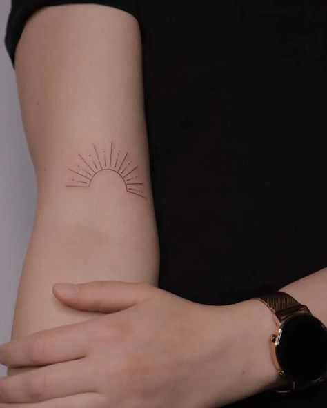 Half Sun Forearm Tattoo, Half Sun Matching Tattoo, Half Sun Arm Tattoo, Sun And See Tattoo, Half Sun Wrist Tattoo, Half Sun Outline Tattoo, Half Sun Back Tattoo, Sunshine Arm Tattoo, Sun Tattoo Elbow Crease